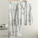 Fashion Print Flower 2PCS Pajamas Set Gray Long Set XL