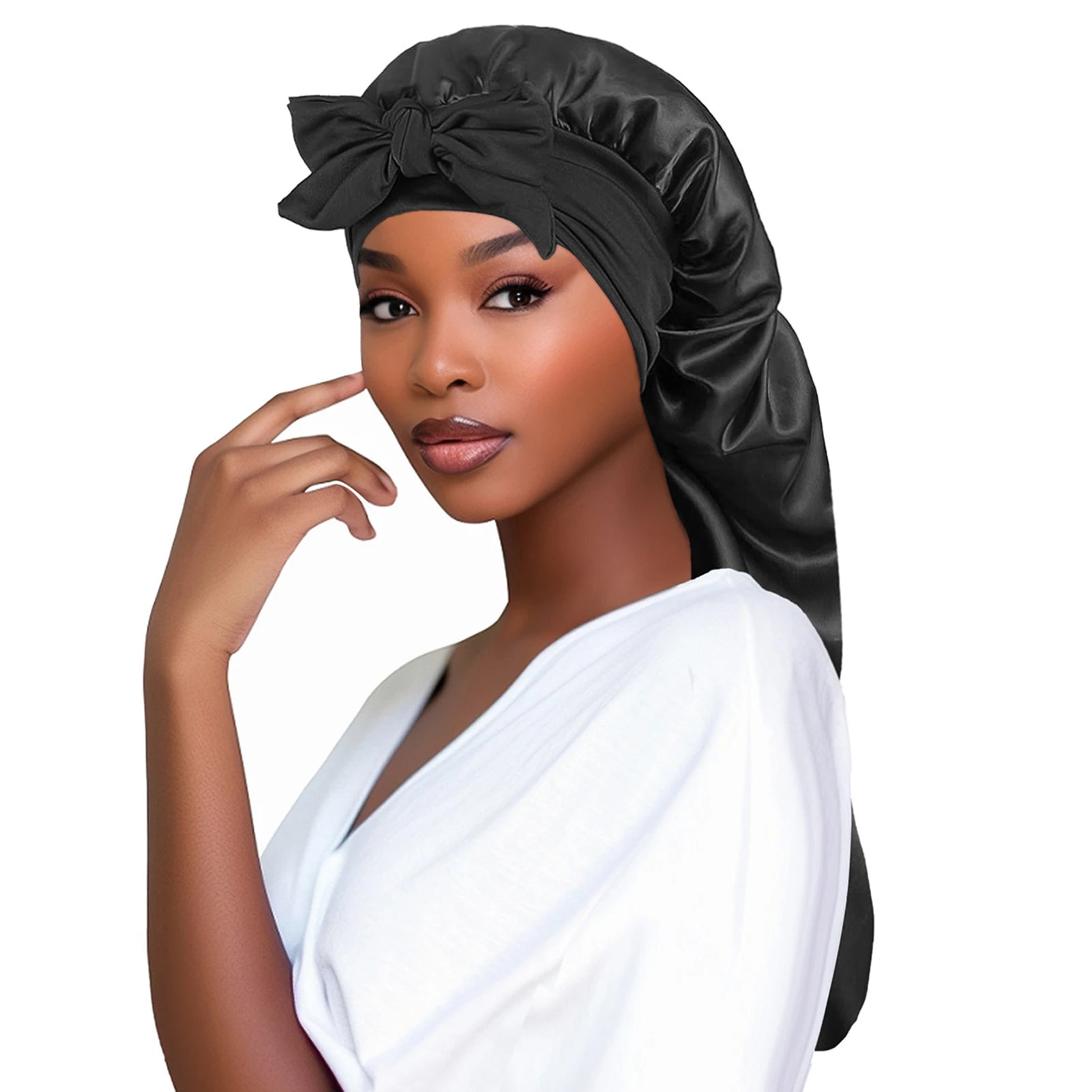 Women Bonnet Satin- Long Tail Black