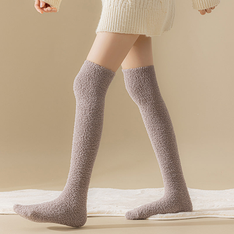 Thick Winter Fleece-lined Long Room Socks Over The Knee Brown Free Size No Lint