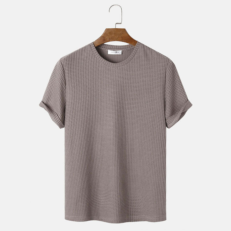 Men Summer Solid Color Round Neck Basic T-Shirts Khaki