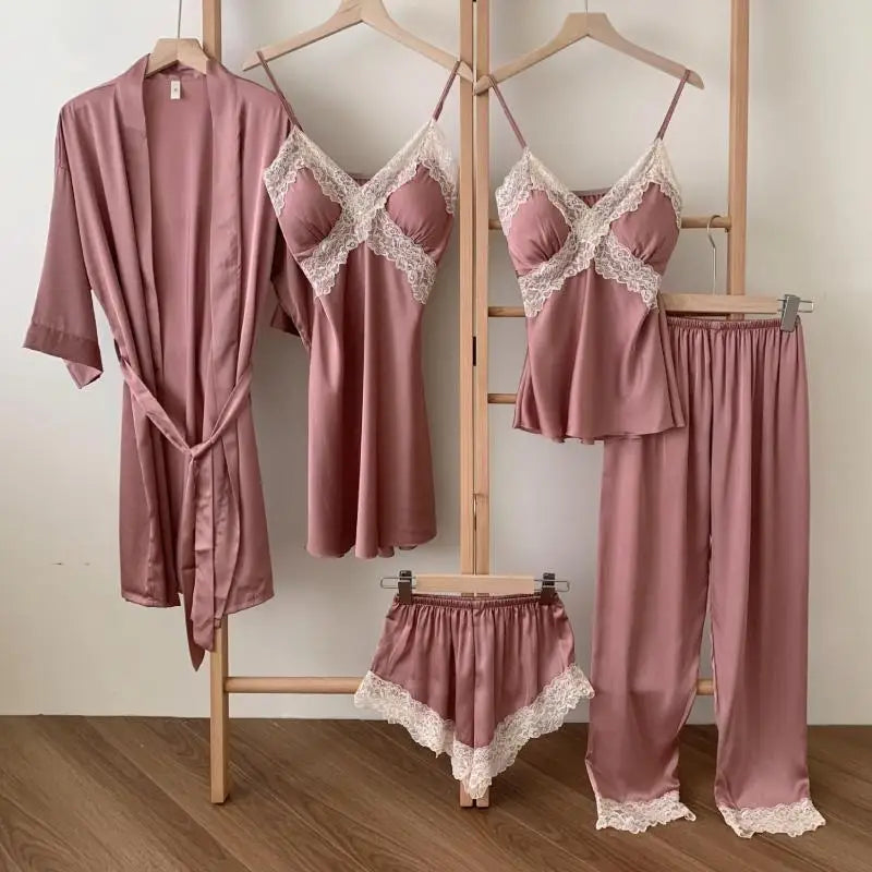 5PCS Lady Pajamas Set Bean Paste Pink-A L