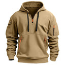 Multi Pocket Zipper Fleece Hoodie Khaki S