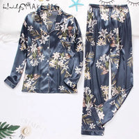 Spring women Silk Pyjamas set LG Blue Flower XL