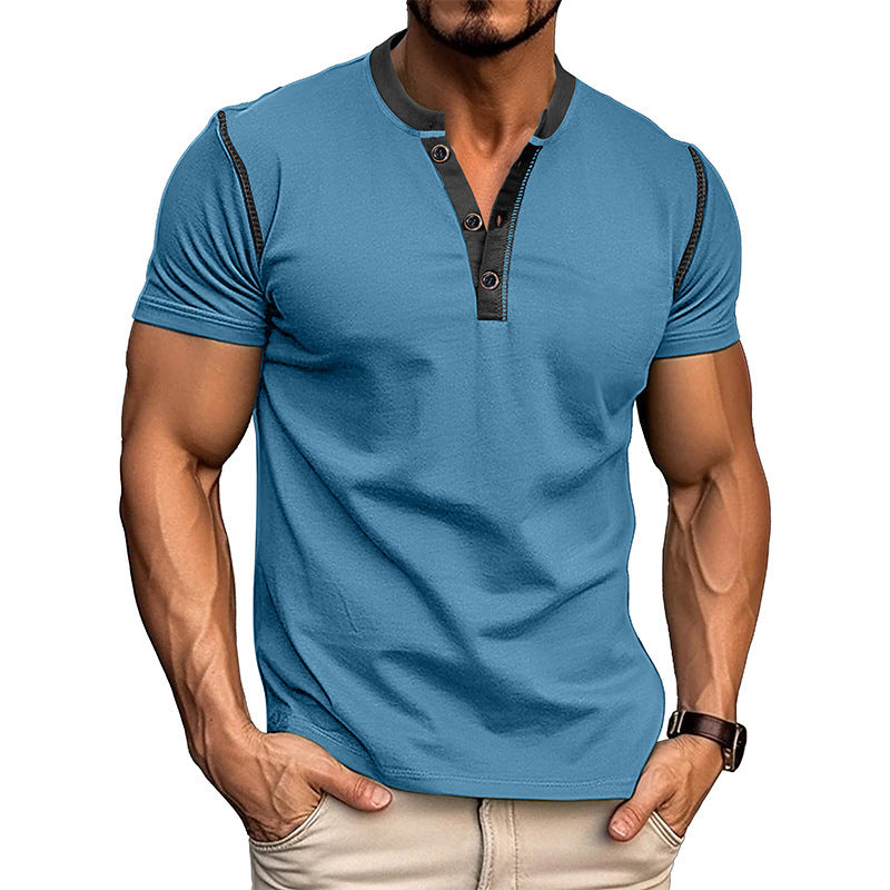 Short-sleeved Polo Shirt Summer Button V-neck T-shirt Tops Blue L