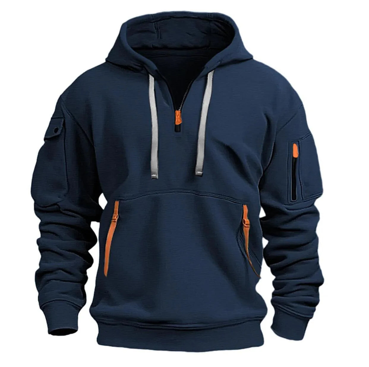 Multi Pocket Zipper Fleece Hoodie Navy Blue M