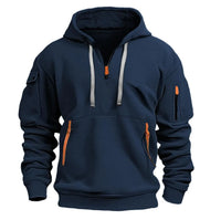 Multi Pocket Zipper Fleece Hoodie Navy Blue M