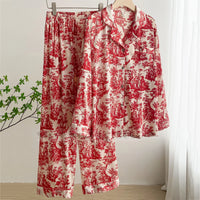 Fashion Print Flower 2PCS Pajamas Set Red Long Set M