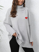 Knitted Loose Lapel Solid Color Turtleneck With Woven Love Stickers For Women Gray Average Size