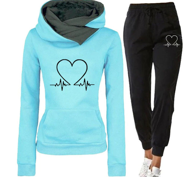 2-Piece Sports Suit Hooded Sweatshirt With Printed Heart Design And Drawstring Pants For Women Blue