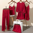 5PCS Lady Pajamas Set Burgundy - B XL