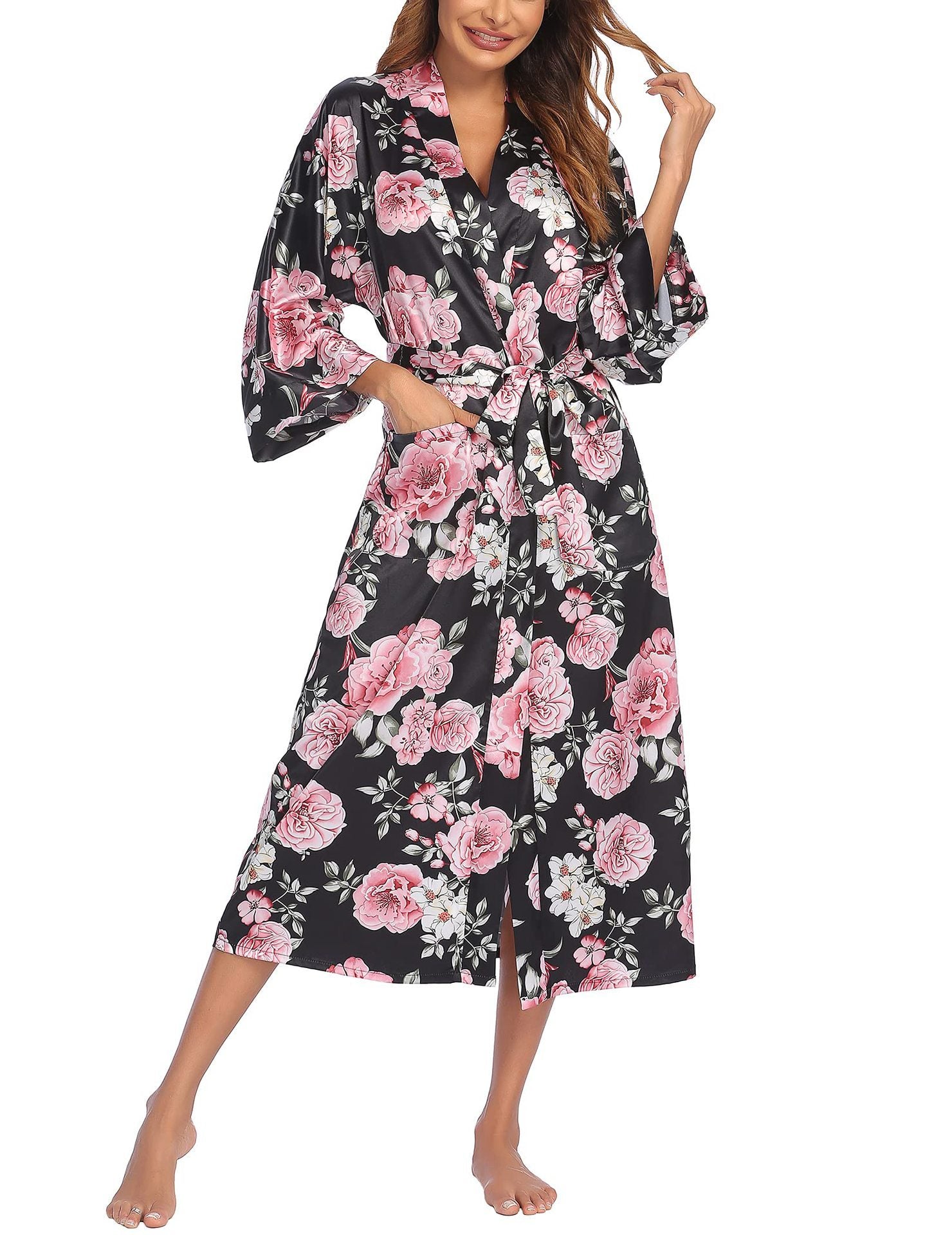 Women's Printing Long Sleeve Nightgown Pink Peony On Black