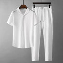 Leisure Suit Summer Loose Short Sleeve Top And Drawstring Trousers Fashion Mens Clothing White Suit