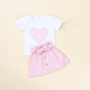 European And American Inspired 2-Piece White Short Sleeve With Pearl Love Design + Baby Bow Skirt Set For Girls Pink