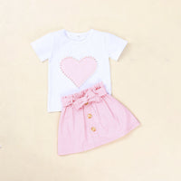 European And American Inspired 2-Piece White Short Sleeve With Pearl Love Design + Baby Bow Skirt Set For Girls Pink