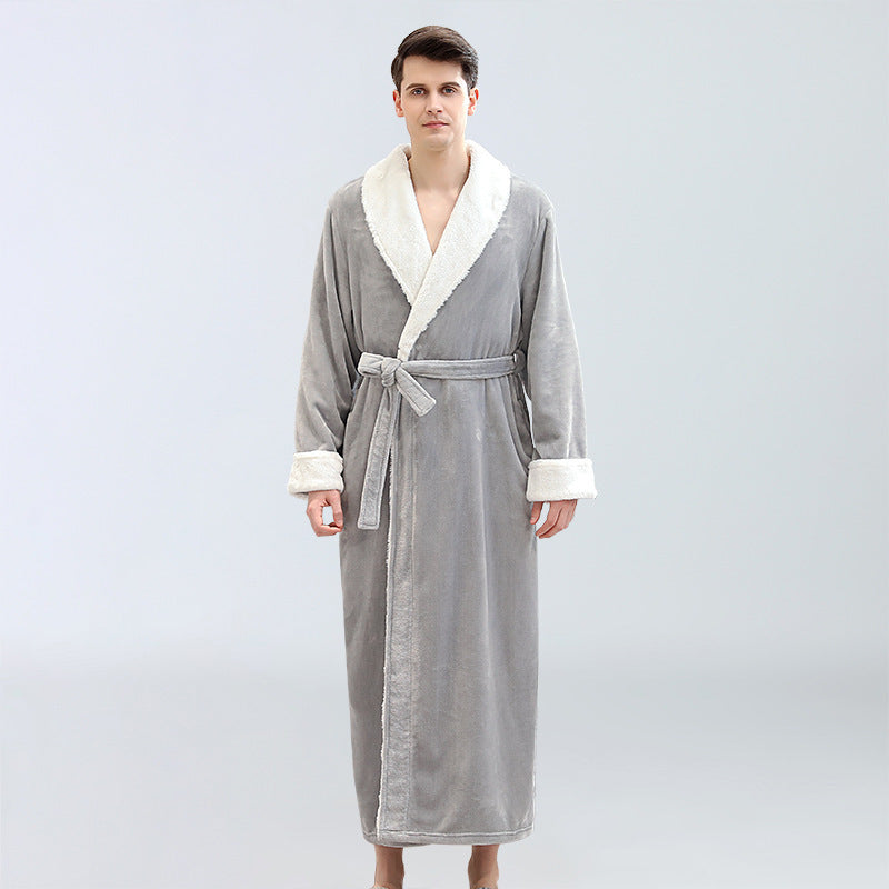 Plus Size Long Bathrobe Coral Fleece Full Length Pajamas Light Grey