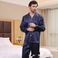 Unisex Silk 2-Piece Long Sleeved Shirt And Pants Pajama Set Male Blue