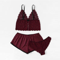 Satin Lingerie Lace Shorts Set Rose Red