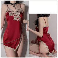 Women Satin Lace Slit Suspender Nightdress Maroon One size