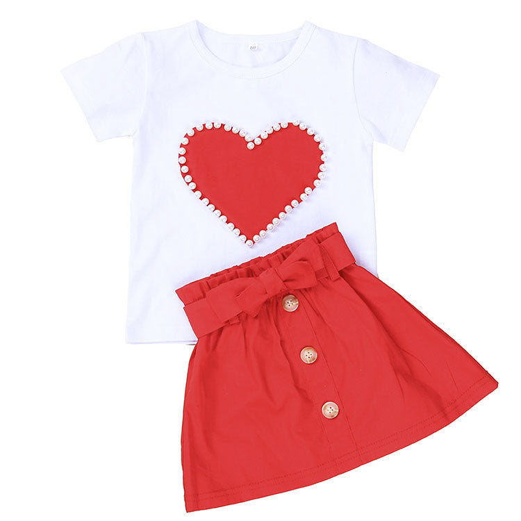 European And American Inspired 2-Piece White Short Sleeve With Pearl Love Design + Baby Bow Skirt Set For Girls