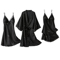 4-Piece Polka Dot Satin Nightwear Set For Women A Black