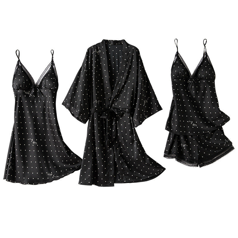 4-Piece Polka Dot Satin Nightwear Set For Women