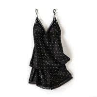 4-Piece Polka Dot Satin Nightwear Set For Women C Black