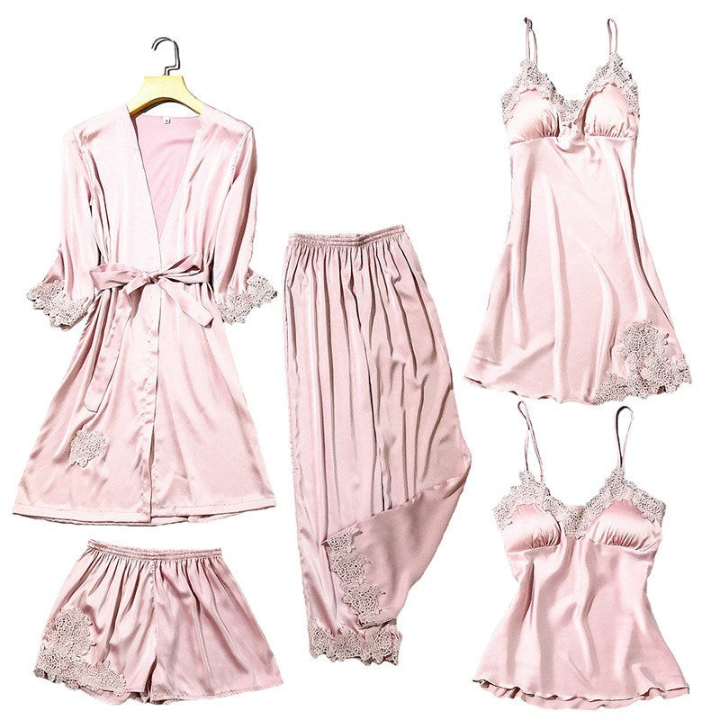 5-Piece Ultra Thin Summer Silk Sleepwear Set For Women Pink