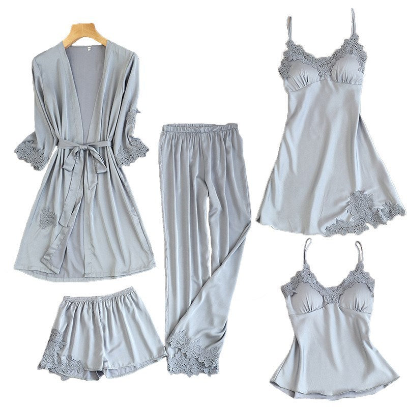 5-Piece Ultra Thin Summer Silk Sleepwear Set For Women