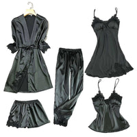 5-Piece Ultra Thin Summer Silk Sleepwear Set For Women black