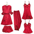 5-Piece Ultra Thin Summer Silk Sleepwear Set For Women Red wine