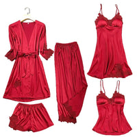 5-Piece Ultra Thin Summer Silk Sleepwear Set For Women Red wine