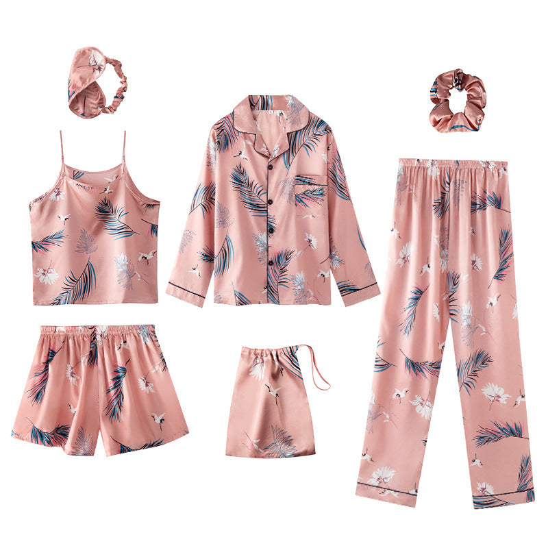 Seven-Piece Pyjamas Simulation Silk Set Pink