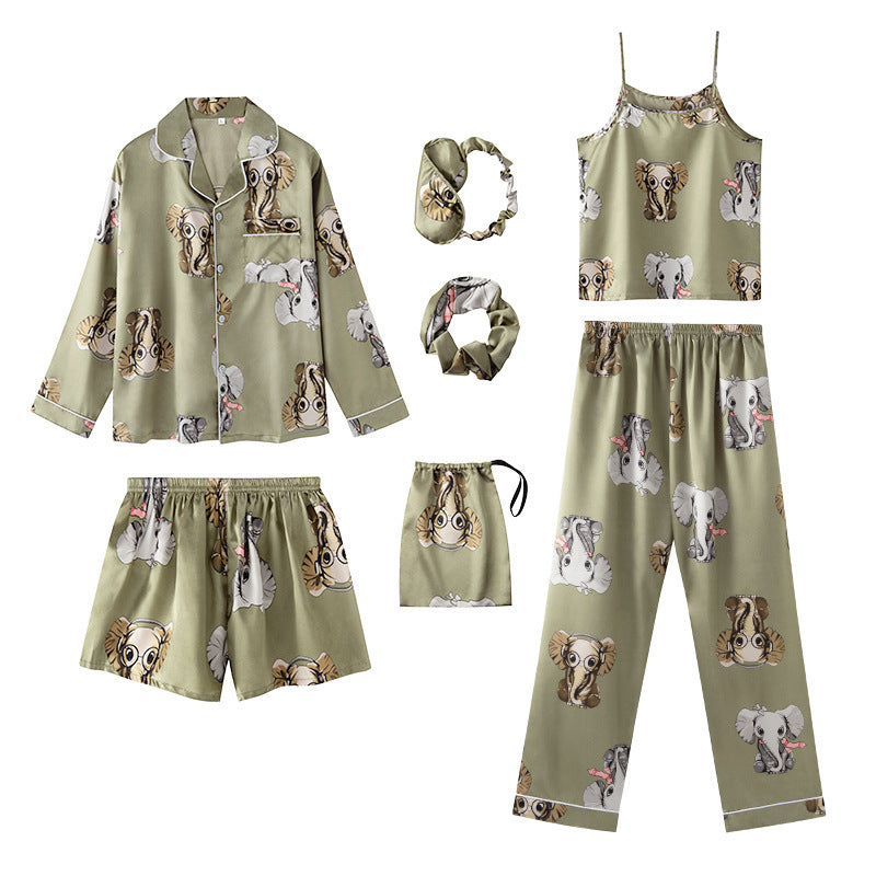 Seven-Piece Pyjamas Simulation Silk Set Green