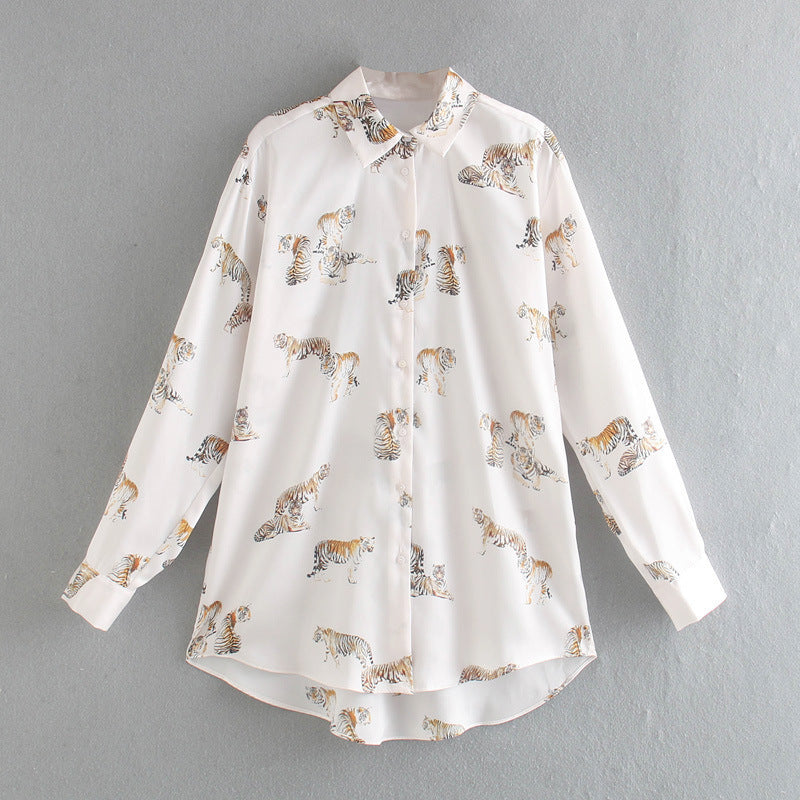 Tiger Print Printed Silk Satin Shirt White