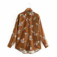 Tiger Print Printed Silk Satin Shirt Brown