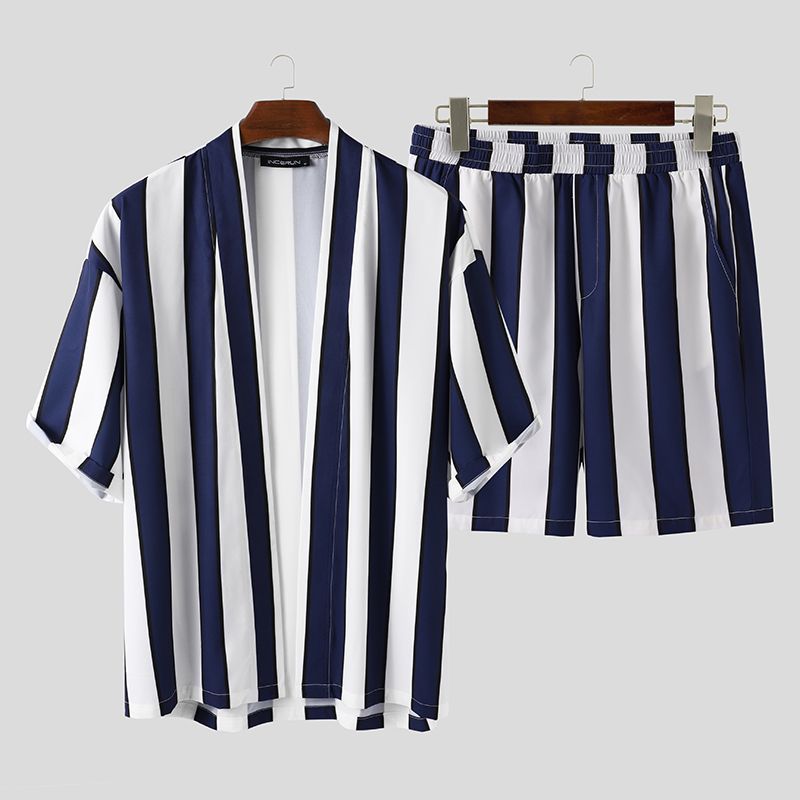 Summer Short Men's Striped Beach Pajamas Suit Navy