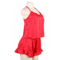 Comeondear Sleepwear Home Suit Summer V Neck Sexy Pyjamas Women Spaghetti Strap Loose Cami Top Shorts Pijama Satin Femme R80958 Red