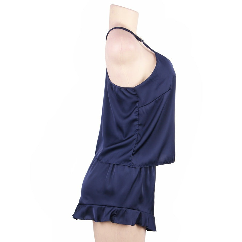 Comeondear Sleepwear Home Suit Summer V Neck Sexy Pyjamas Women Spaghetti Strap Loose Cami Top Shorts Pijama Satin Femme R80958 Blue