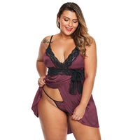 Plus Size Lace Silk Stretchy Lingerie Set For Women Wine Red