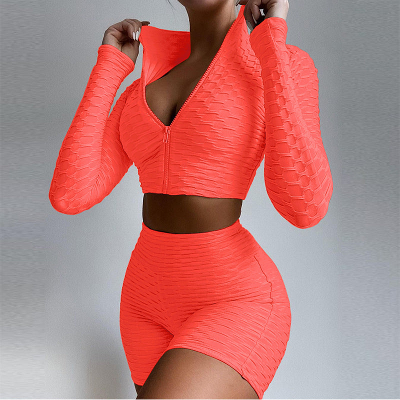 Long Sleeve Crop Tops & High Waist Shorts Women Tracksuit