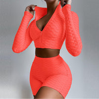 Long Sleeve Crop Tops & High Waist Shorts Women Tracksuit Orange