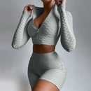 Long Sleeve Crop Tops & High Waist Shorts Women Tracksuit Gray