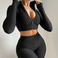 Long Sleeve Crop Tops & High Waist Shorts Women Tracksuit Black