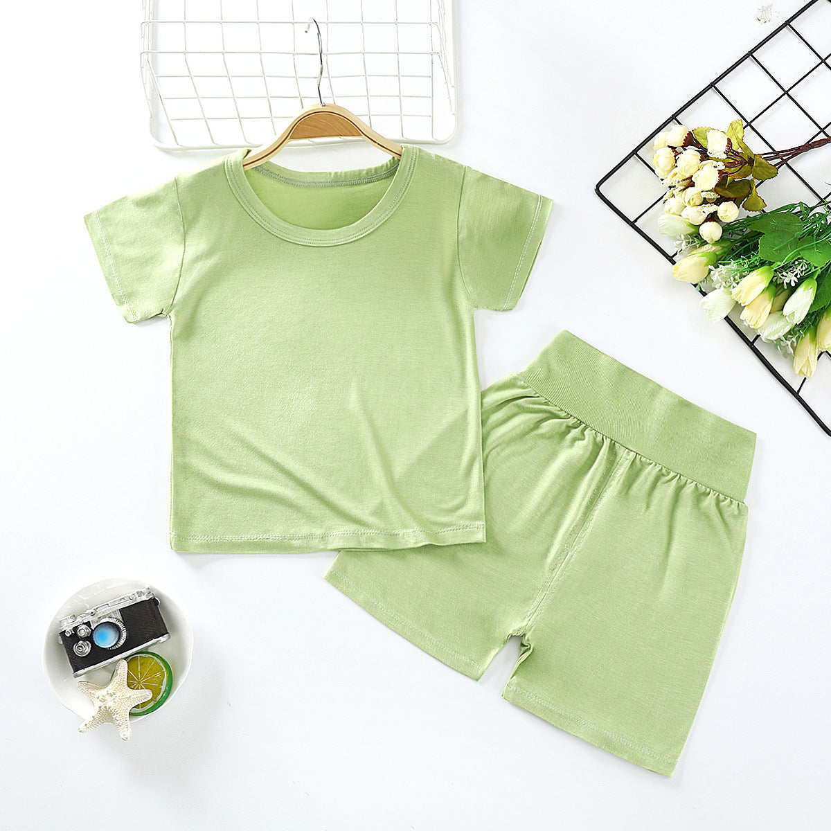 Children's Clothing Summer Modal Children's Short-sleeved Suit Light Green B