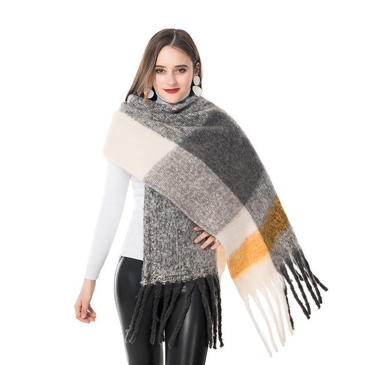 Check print fringed cashmere scarf