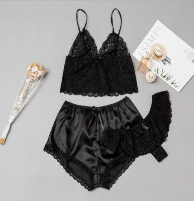 Satin Lingerie Lace Shorts Set Black