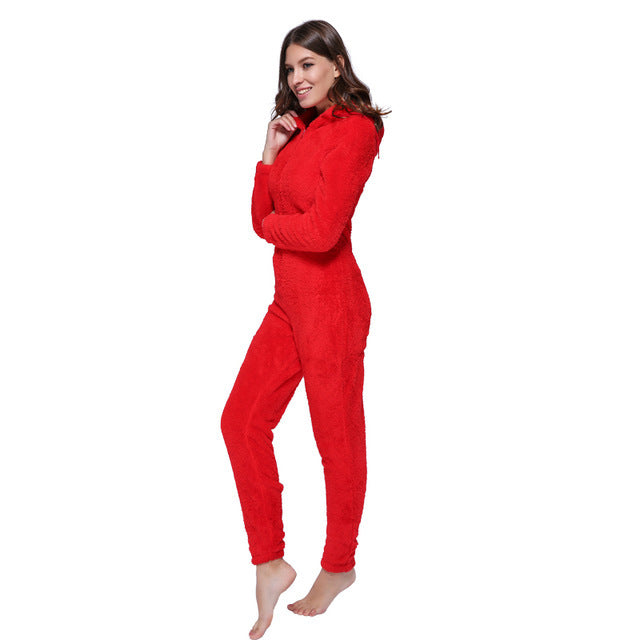 Winter Warm Pyjamas Fluffy Jumpsuits Sleepwear Red