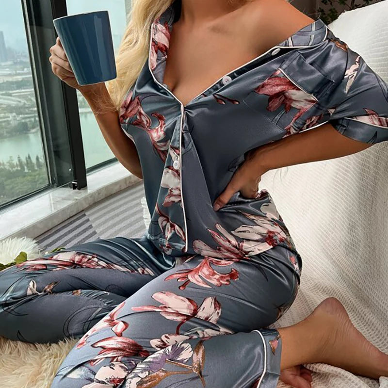 Spring women Silk Pyjamas set Blue Grey M