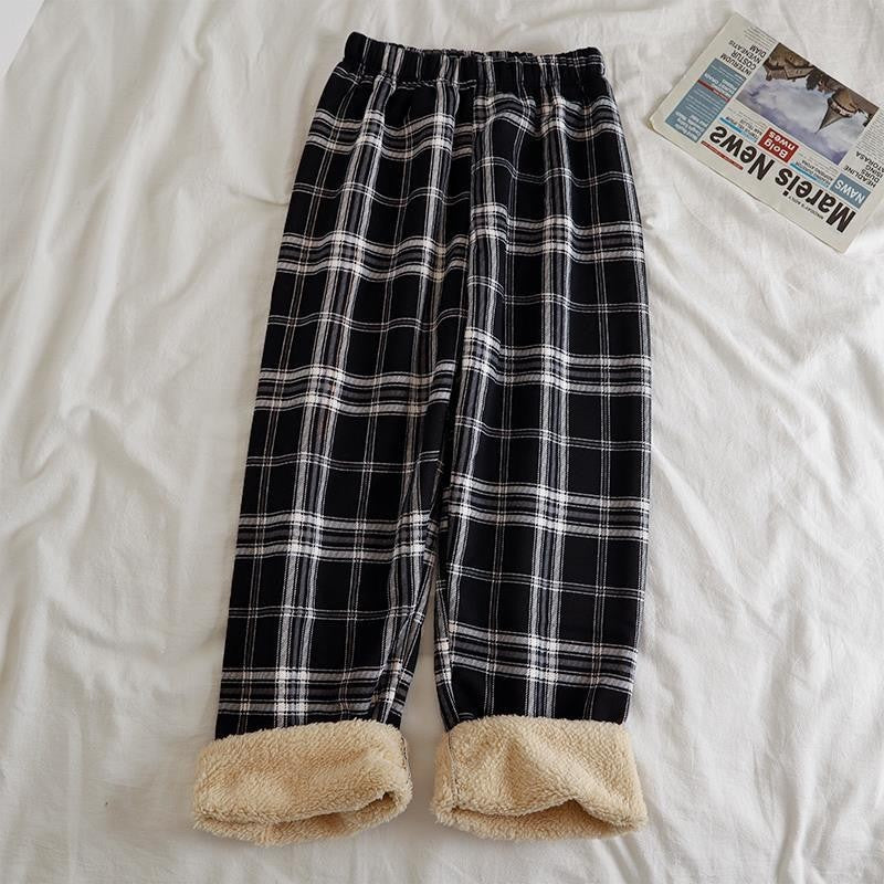 Fleece Cashmere Plaid Wide-Leg Casual Pants