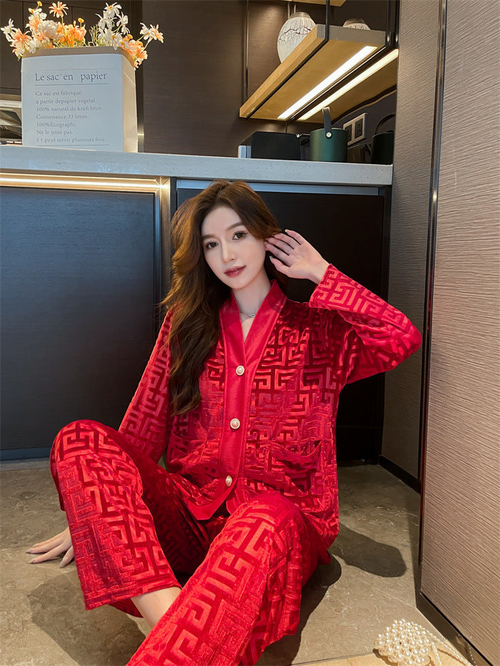 New Gold Velvet Pajamas Women's Suit 717red L